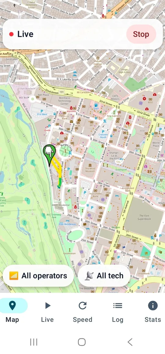 Live coverage map with signal-coloured route and operator filters