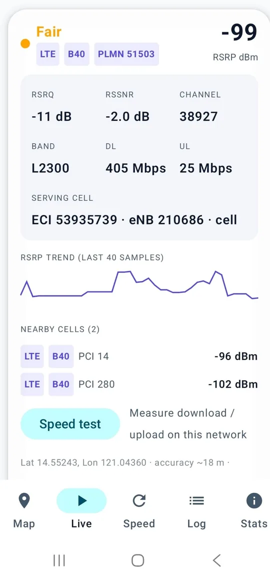 Live RF metrics: RSRP, RSRQ, SINR, band, serving cell and nearby cells