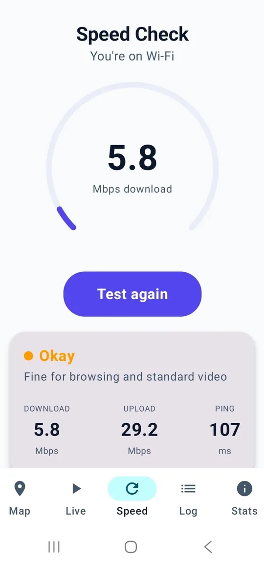Built-in speed test showing download, upload and ping