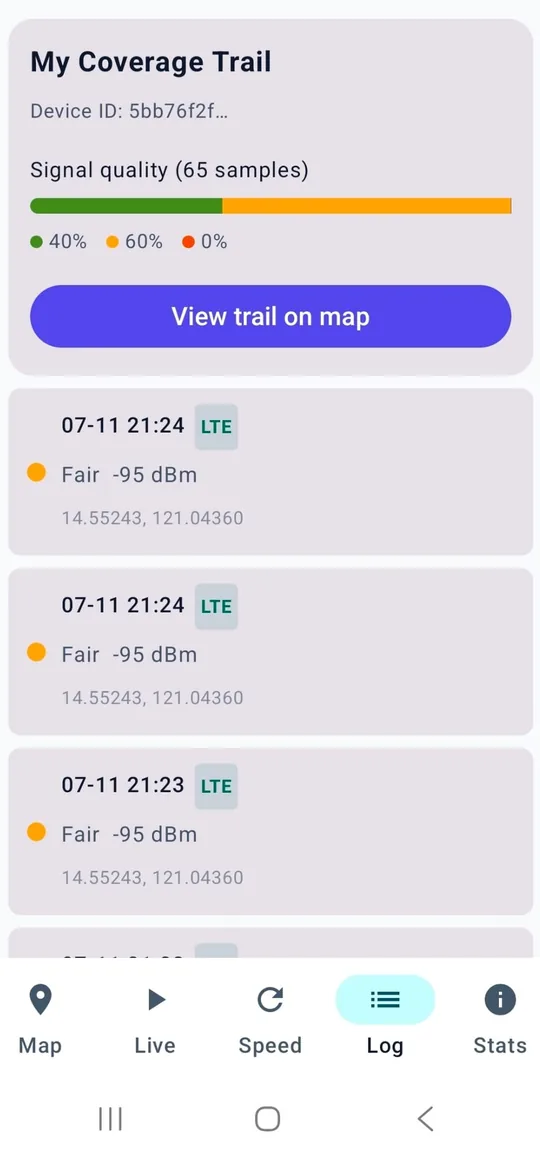 Coverage trail with signal-quality breakdown and per-sample log