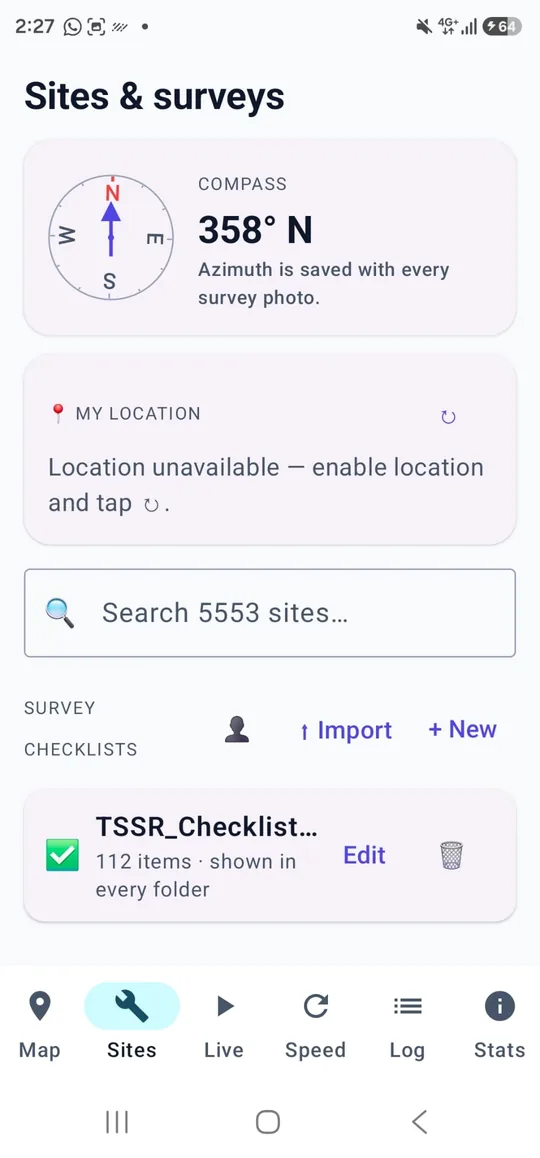 Sites and surveys tab: compass azimuth saved with survey photos and a TSSR survey checklist