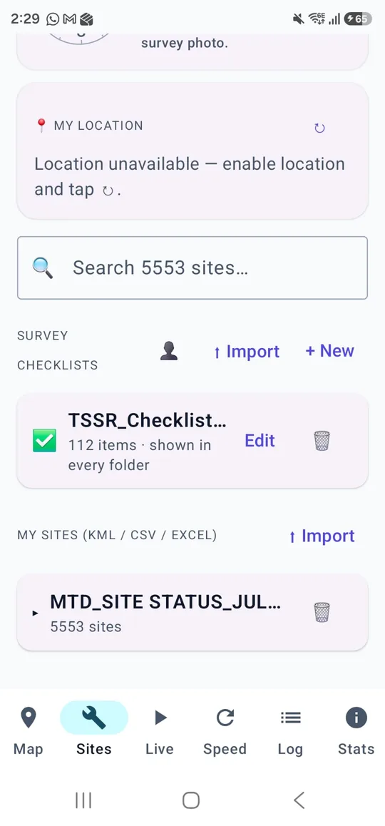 Bulk site import from KML, CSV or Excel — over 5,000 sites loaded